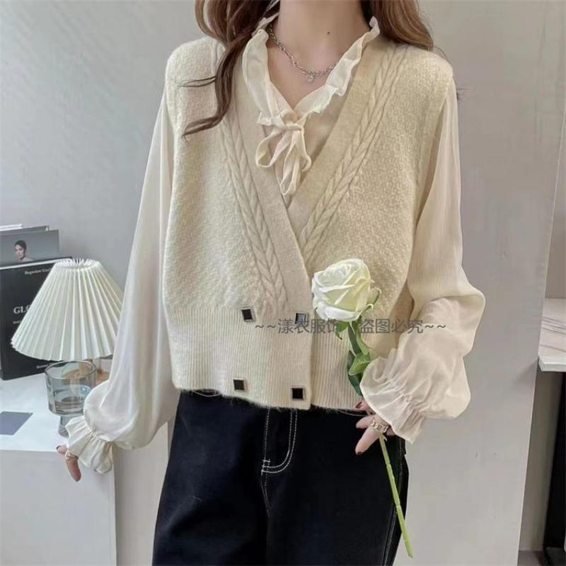 

Винтажный вязаный кардиган, жилет для женщин, осенний и осенний дизайн, двубортный свитер без рукавов, милый жилет, женский One Size абрикосовый