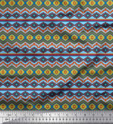 Blue Japan Crepe Satin Fabric Aztec Geometric Print Fabric by the Metre 42 Inch