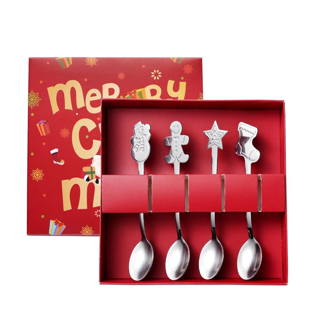 4pcs Dessert Spoons Gingerbread Man Silver Stainless Steel Christmas Spoons High-Quality Coffee Spoons for Coffee Lovers