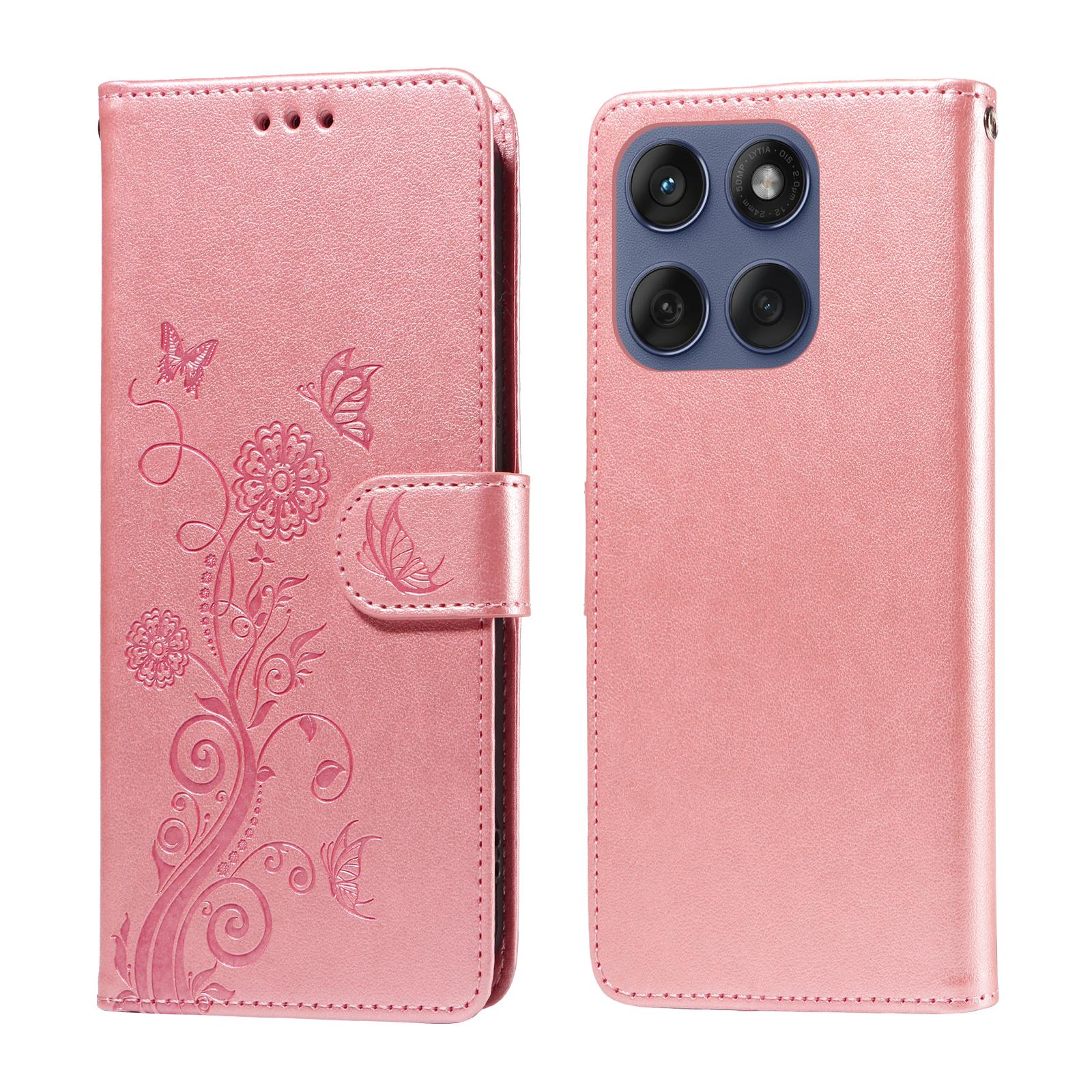 

For Motorola Edge 60 Fusion 5G Leather Case Butterfly Floral Imprint Wallet Stand Cover Pink