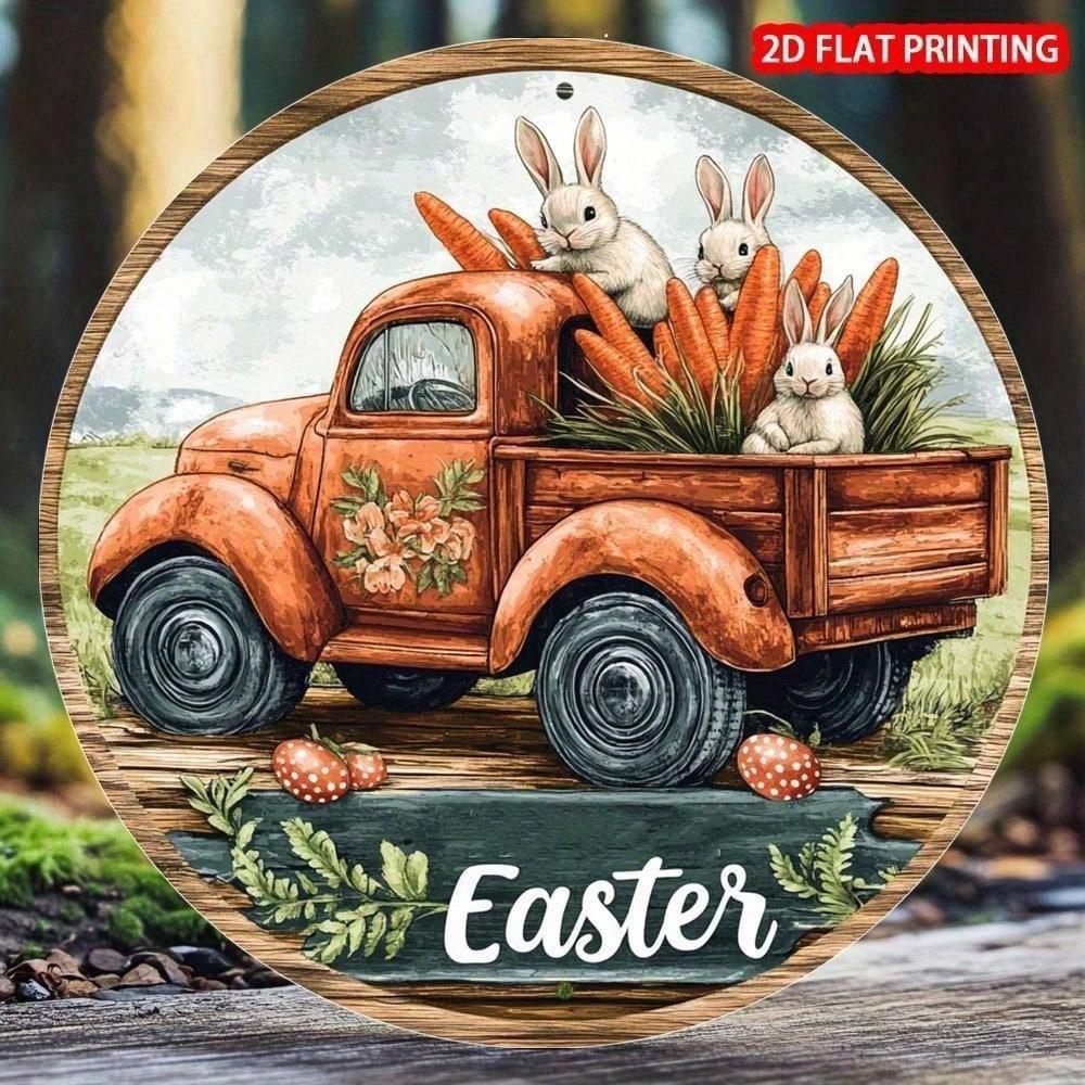 

Vintage Farmhouse Metal Wall Art Round Easter Bunny Floral Sign Lightweight Aluminum Home Decor 20x20