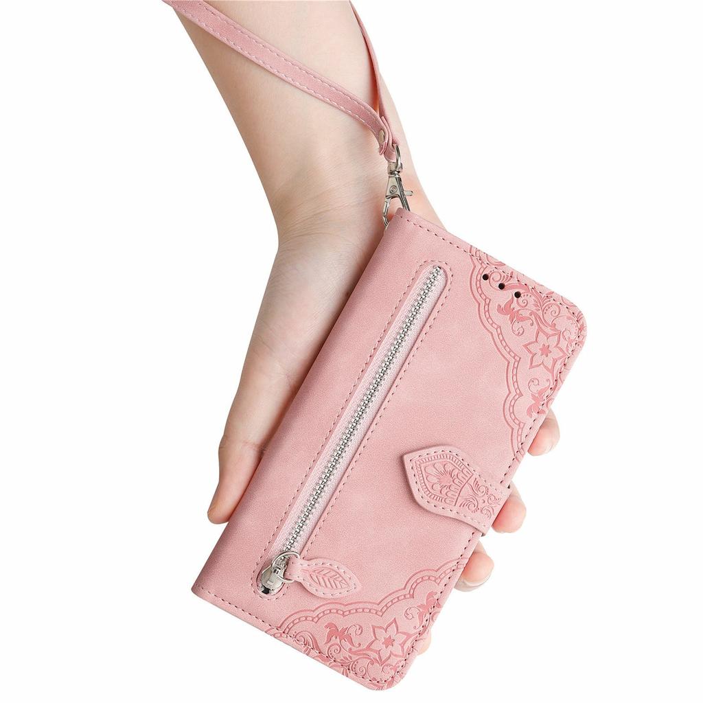 For Honor X6b 4G Zipper Wallet Case with Strap Flower Imprint PU Leather Phone Cover