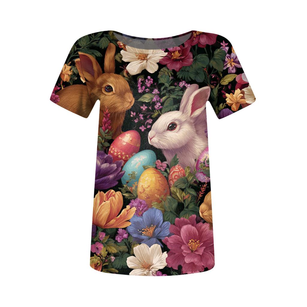 Women's Casual Fashion Round Neck Easter Print Short Sleeve Ribbed Top