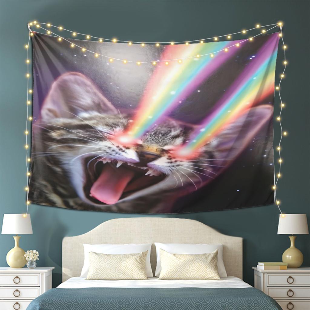 Funny Rainbow Laser Cat Tapestry Universe Starry Sky Magic Cat Printing Space Galaxy Cosmic Nebula Starry Universe