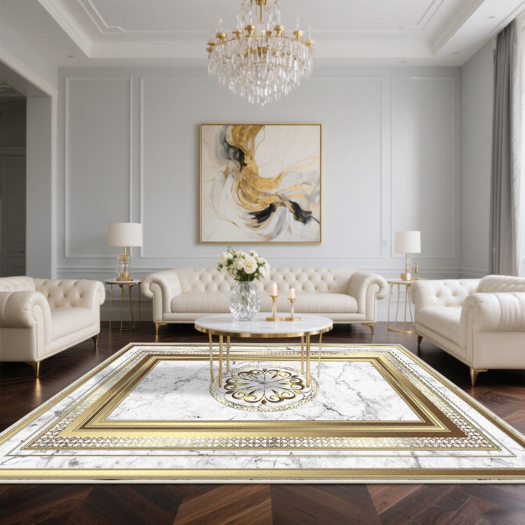 Luxusteppich Wohnzimmer Goldene Dekoration Heimteppiche Große Größe Sofa Bereich Teppich Waschbar Hotelhalle Weiche Rutschfeste Bodenmatte