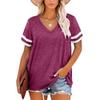 Summer V-neck Short Sleeve Color Block Loose Casual T-shirt Top for Women, Cross-border European American Women's Clothing