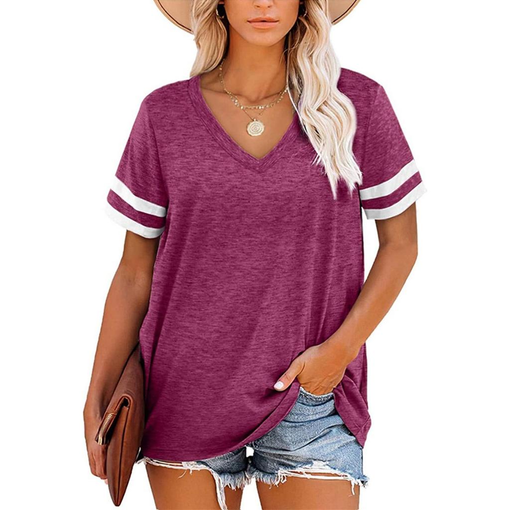 Summer V-neck Short Sleeve Color Block Loose Casual T-shirt Top for Women, Cross-border European American Women's Clothing