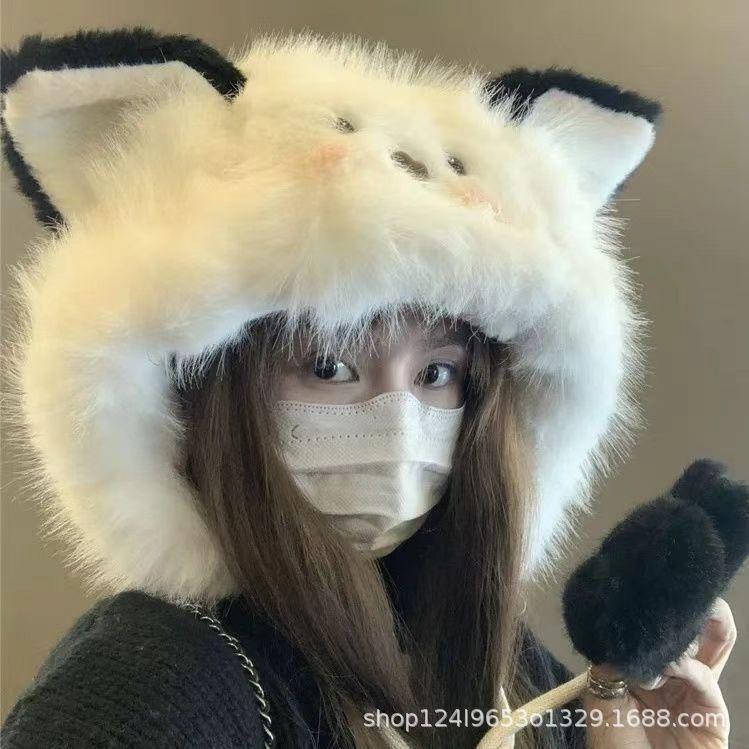 

Милая шапка-шарф с плюшевыми лисьими ушками, женская зимняя, для велоспорта, утолщенная, теплая, с защитой ушей One Size