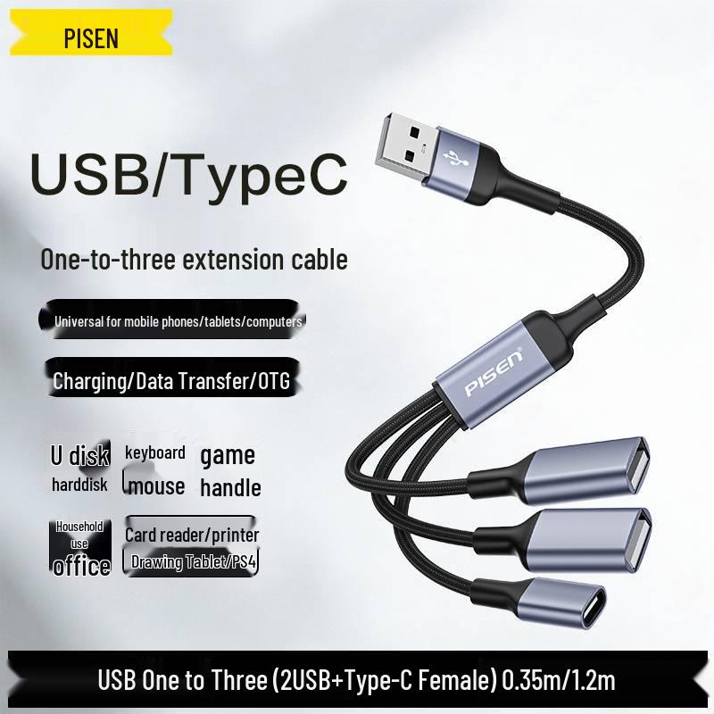 PISEN Type-C to Three-Port Extender Cable for Apple Computer Connecting Mouse & USB Drive