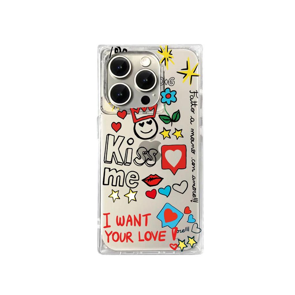 Clear Square Back Tube Case Protection For iPhone 15 Plus 12 13 16 ProMax 14 Pro Max 11 Anti-Oxygen,Love Heart English Pattern Casing