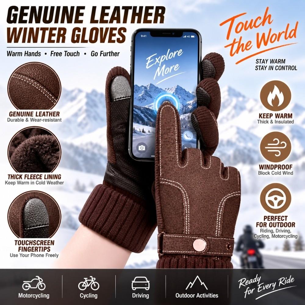Full Finger Riding Cycling Gloves Touch Screen Fleece Lined Gloves Genuine Leather Gloves Men
