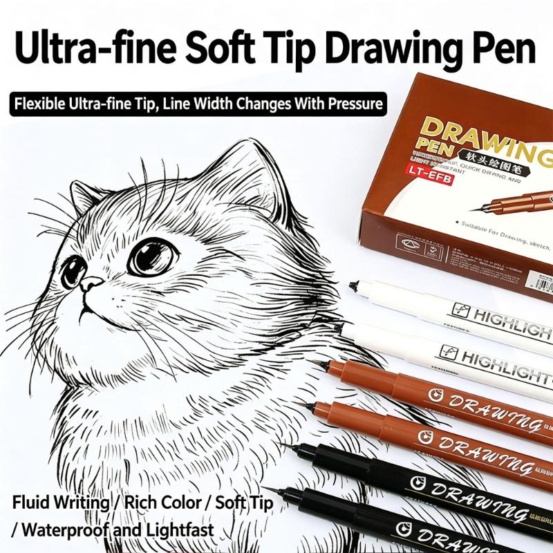Fine Tip Brush Liner Pen with Extra-Fine Soft Tip for Sketch Practice, Illustration Work, and Daily Art Study Use