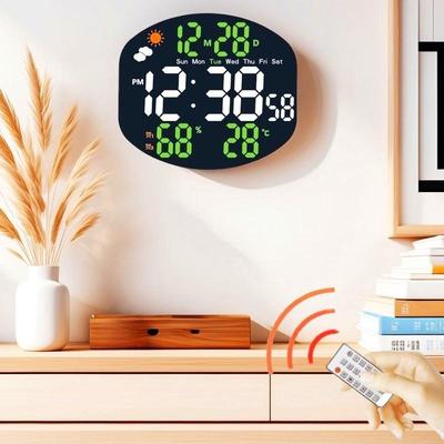 Große Digitale Wanduhr Wetterstation Vorhersage TEMP Luftfeuchtigkeit Datum Woche Nachtmodus Tischuhr 2 Alarme 12/24H LED Wecker