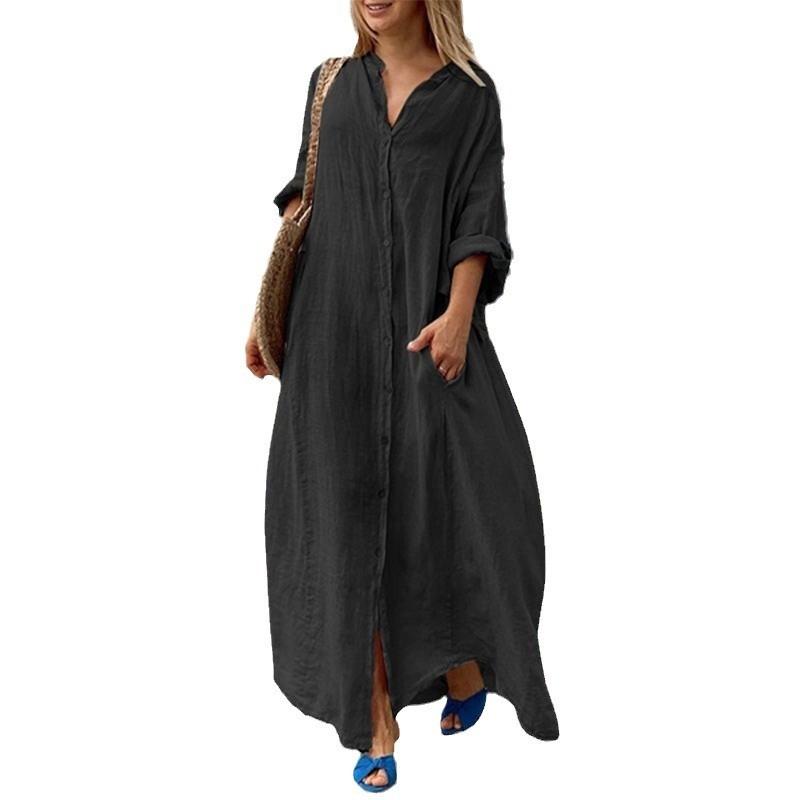 Baumwoll-Leinen-Langes Kleid Mit Stehkragen Für Lässigen Sommer Damen