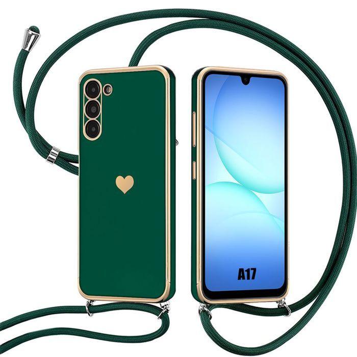 Coque pour Samsung Galaxy A17 4G/5G, Silicone Antichoc Motif Cœur avec Bandoulière Vert Nuit
