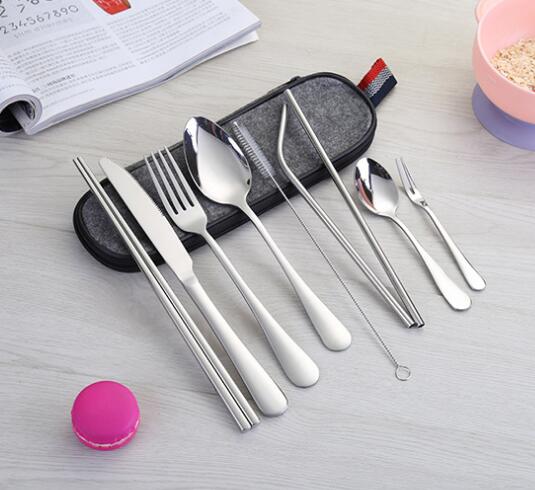 Stainless Steel Tableware Set, Portable Knife, Fork, Spoon, Chopsticks, Straw, Western, Travel Gift, 9 Pcs Set