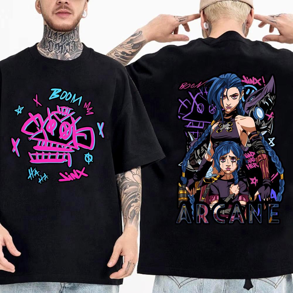 Cartoon Arcane T Shirt Men Jinx Fashion Streetwear Anime Graphic Tee Tops High Quality Cotton Short Sleeve T-shirt