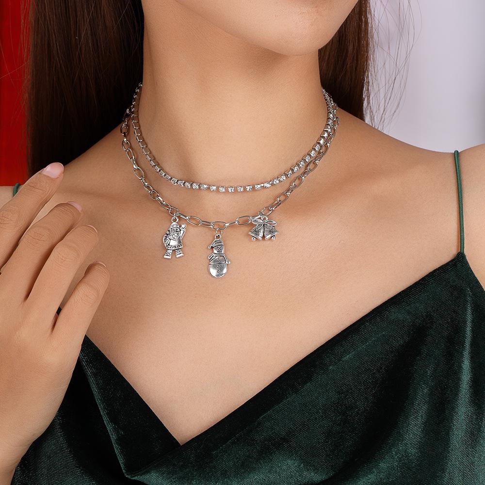 Vintage Santa Claus Snowman Rhinestone Choker Necklace