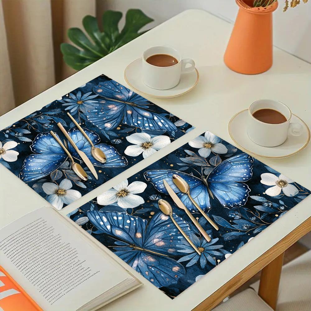 4pcs Blue Butterfly & Floral Placemats 12x18 Inch - Elegant Dark Blue Table Mats with White Flowers & Butterflies, Durable Polyester Fabric