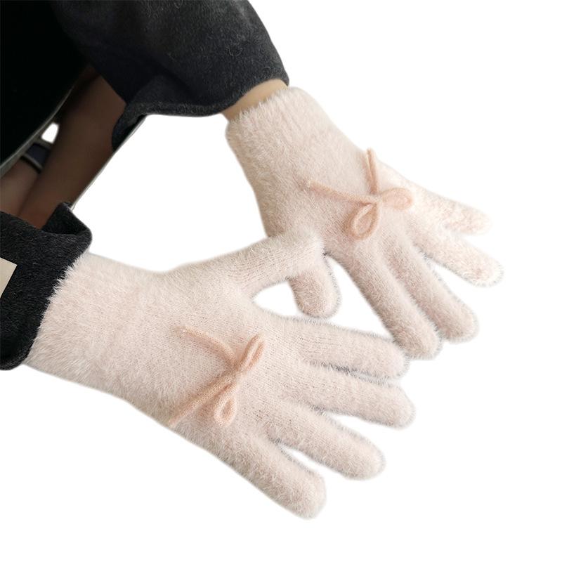 Korean Style Cute Bow Plush Knitted Gloves Autumn and Winter Warm and Cold Proof Five Finger Gloves Cycling Finger Gloves