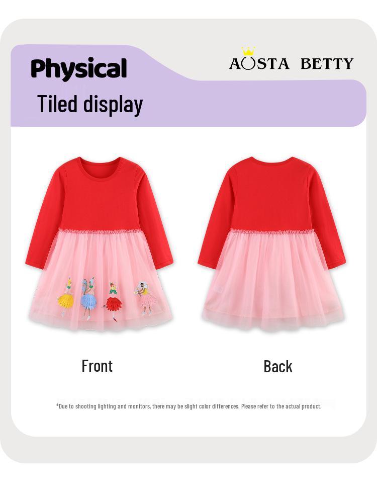 Autumn Mesh Embroidered Princess Dress for Girls - Knitted Cotton Patchwork Skirt