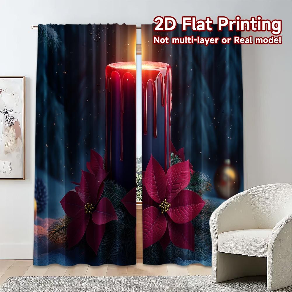 2pcs,Curtains Candle Christmas Poinsettia Wreath Modern Curtains&Drapes Versatile 100% Polyester Curtains Decorations Perfect