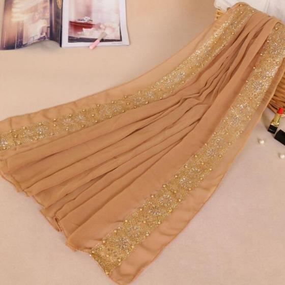 180*85cm women's lace chiffon silk gold beads scarf glitter floral plain hijab muslim pearl nice 9 color scarves/shawls