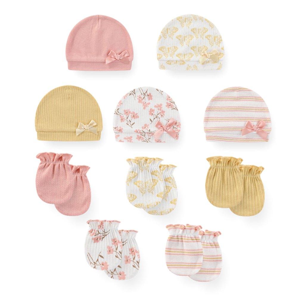 KIDDIEZOOM 0-6Months Boys Girls Hats Gloves Set 100% Cotton Soft Caps Mittens Baby Accessories