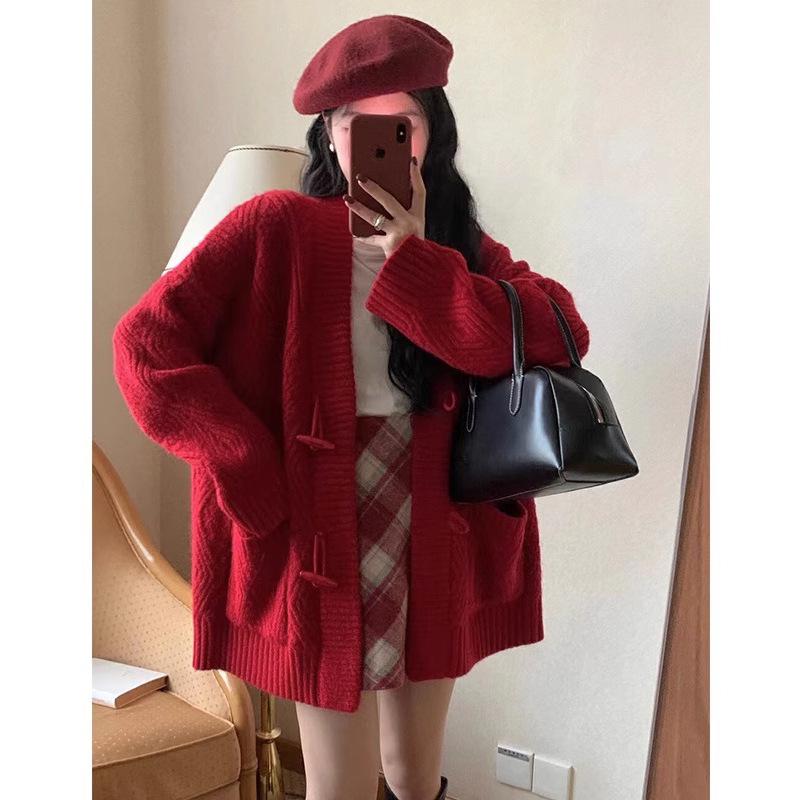 Women's Retro Loose Knit Cardigan with Toggle Buttons - Mid-Length, Thickened, Perfect for Autumn and Spring