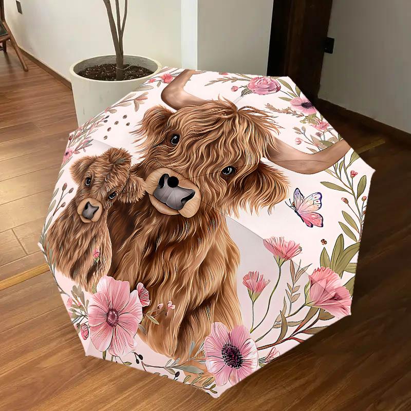 1PC Highland Cow Floral Umbrella-8-Rib Reinforced, Automatic Open, Lightweight & Durable, Cute Fashion Accessory for Outdoor-P47