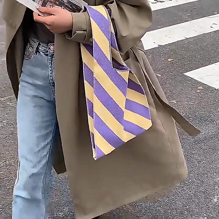 Handmade Knit Handbag Women Mini Knot Wrist-bag Female Casual Color Wide Stripe Tote Shoulder Bag Student Reusable Shopping Bag