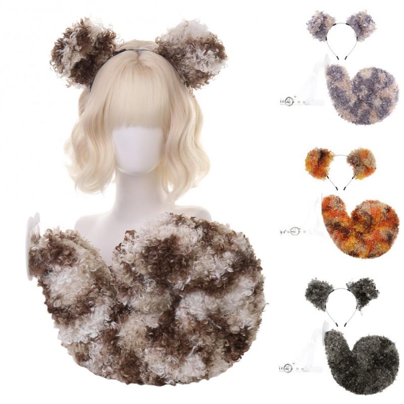 Halloween Curly Dog Costume Set Plush Faux Fur Ears Tail Headband Cosplay Props Party