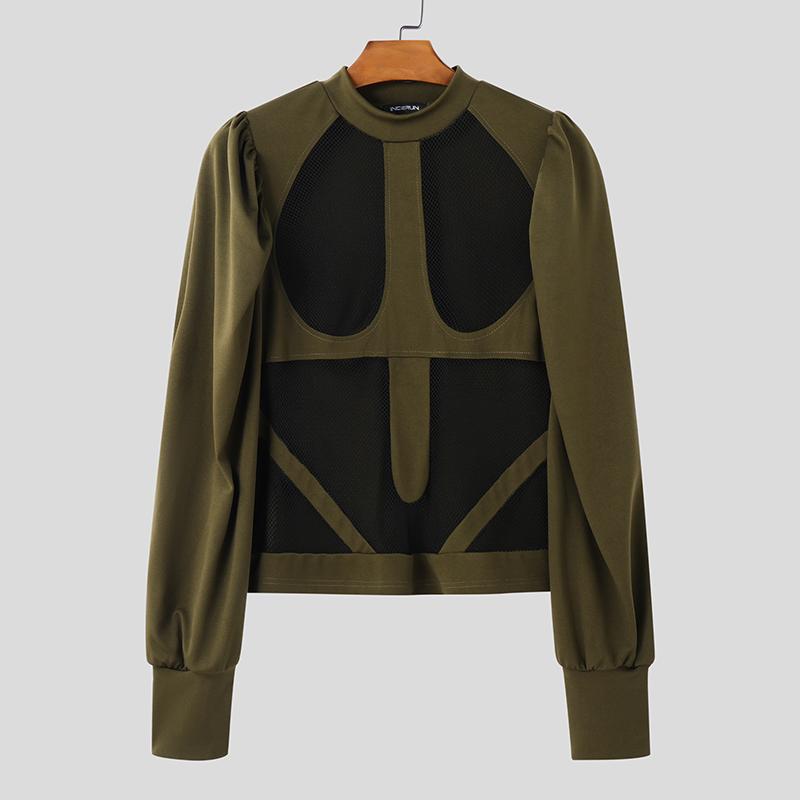 INCERUN Herren T-Shirt mit Stehkragen und Puffärmeln, Mesh, durchsichtig, Patchwork