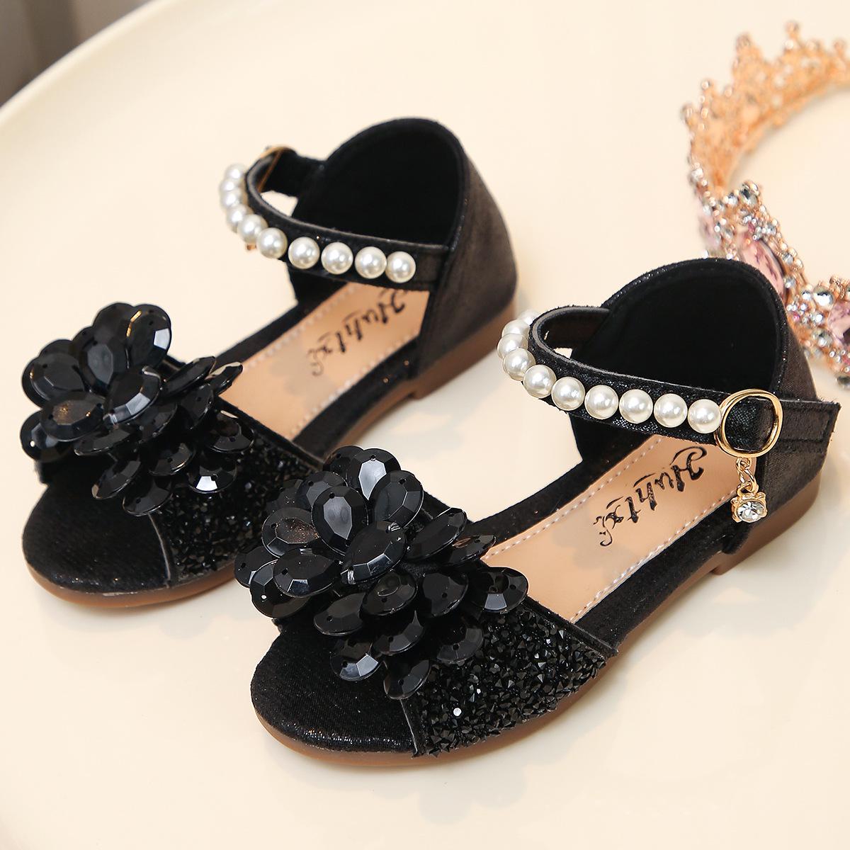 Pearl & Bow Rhinestone Girls Open Toe Soft Sole Sandals Size 22/14cm