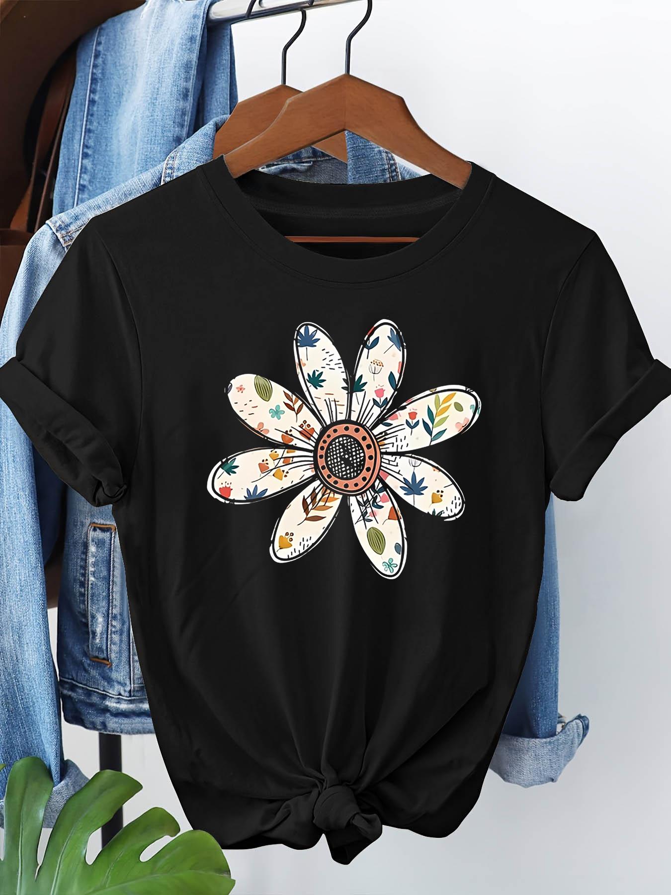 

2026 Summer Artistic Style Fresh Plant Daisy Print Tshirt Short Sleeve Round Neck Casual Top Womens Wear S