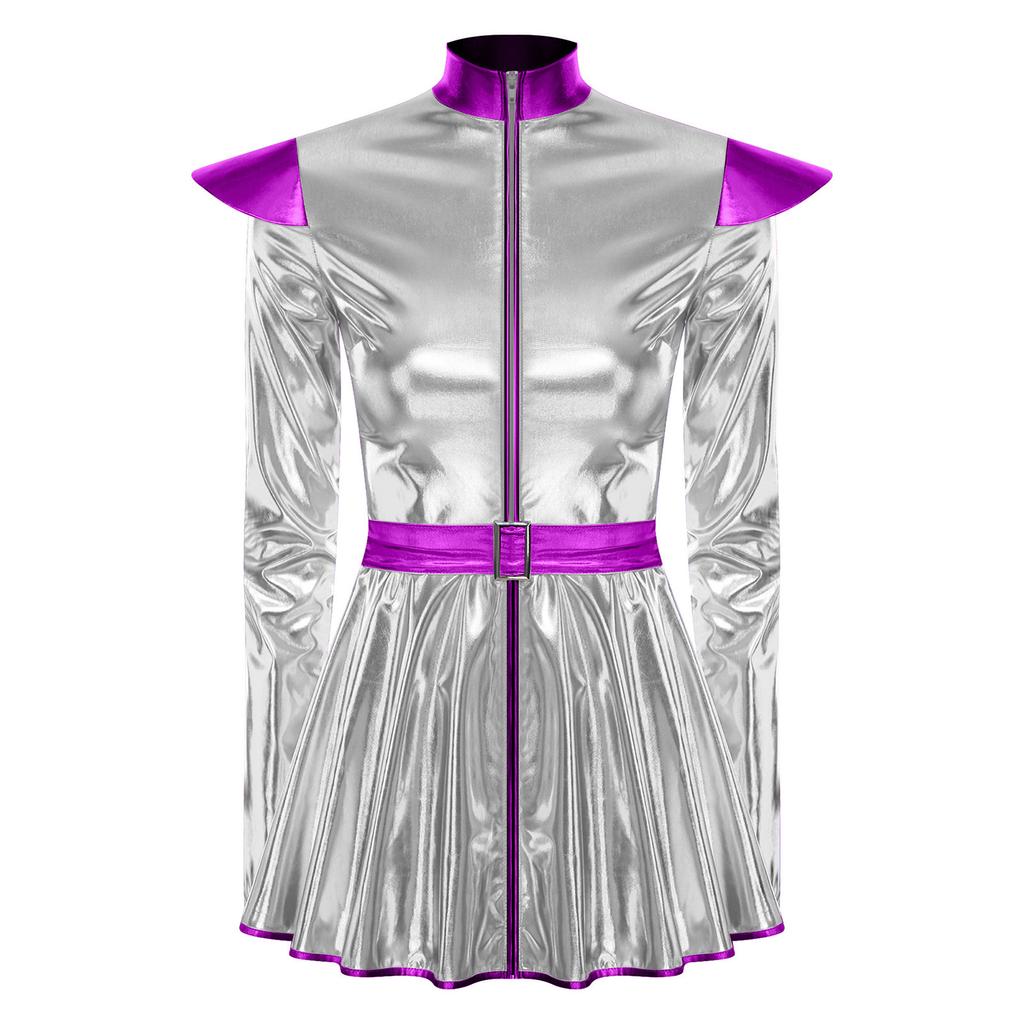 Womens Alien Costume Long Sleeves Front Zip A Line Dress Belt Design Shiny Metallic Outer Space Robot Costume