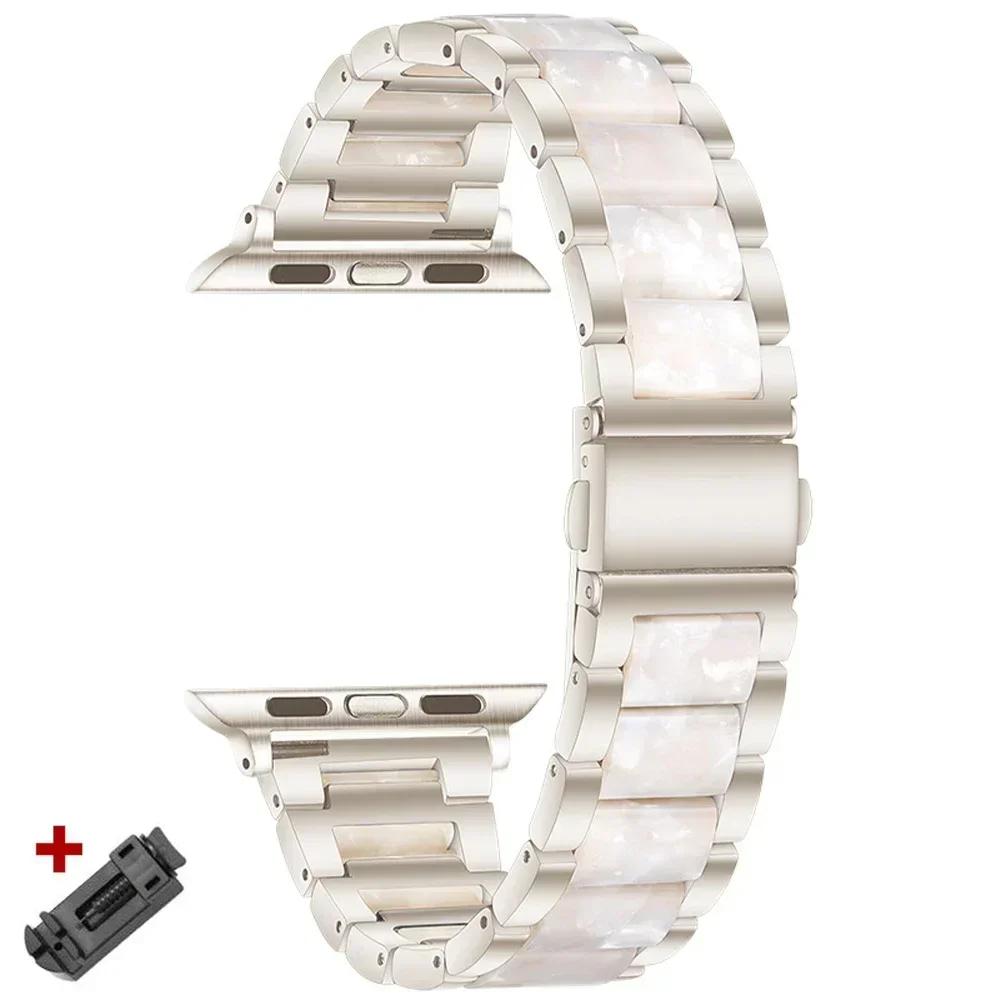 Stainless Steel+Resin Band for Apple Watch 10 42mm 46 Ultra 2 49mm Women Bracelet for IWatch 9 8 7 6 5 4 se 40mm 38mm 41 45 44mm