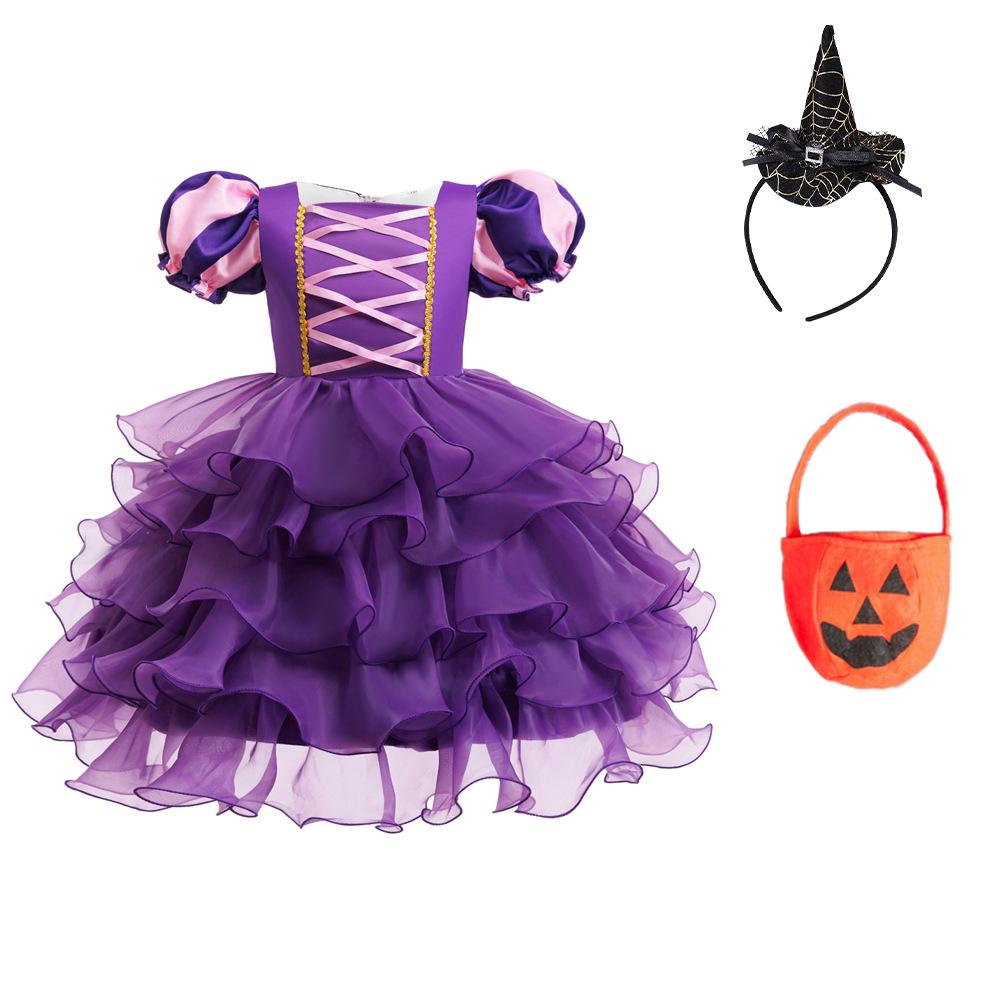 New Girls' Halloween Puff Sleeve Mesh Dress Costume