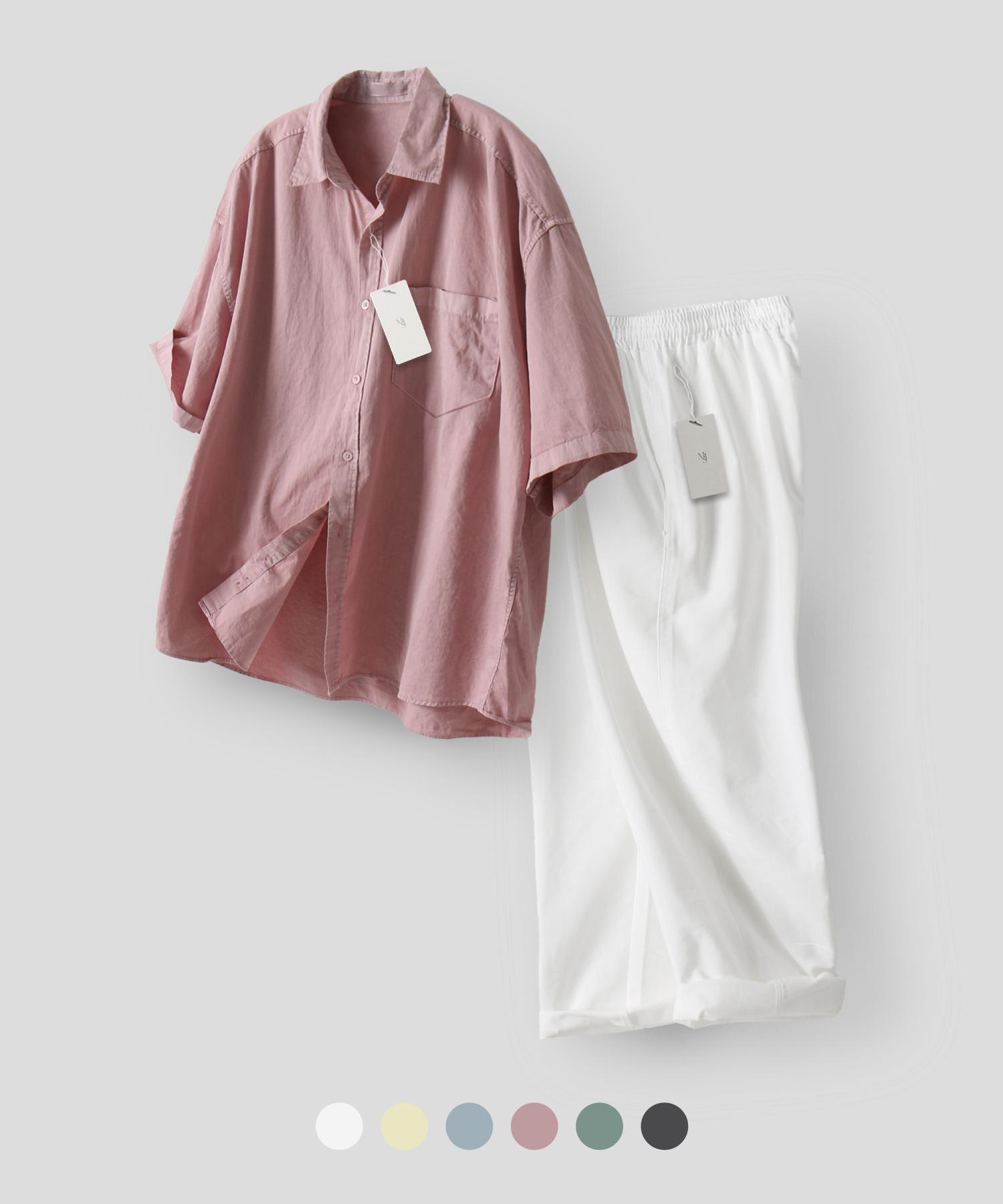 Mood Inside [Set] Semi-Over Pigment Half Shirt + Single-Pleat Linen-Like Wide Elastic Pants Free