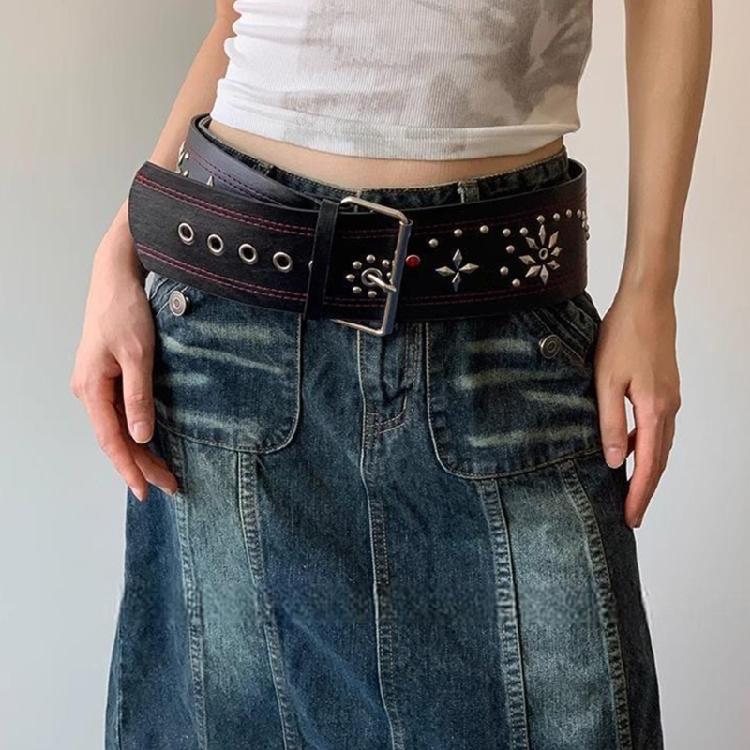 Fashionable Rivet Studded Wide Belt For Women Men Pin Buckles PU Waistband for Street Wear Jeans Pants Waist Accessory
