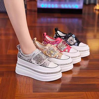 Thick Bottom White Platform Shoes Women's Summer New Velcro Sequined Small Height Increasing Breathable Casual Pumps