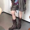 Genuine leather Lace-up Mid-calf Boots Women Cross-belt Buckle Decoration Motorcycle Boots Chunky Heels Retro Ankle Boots