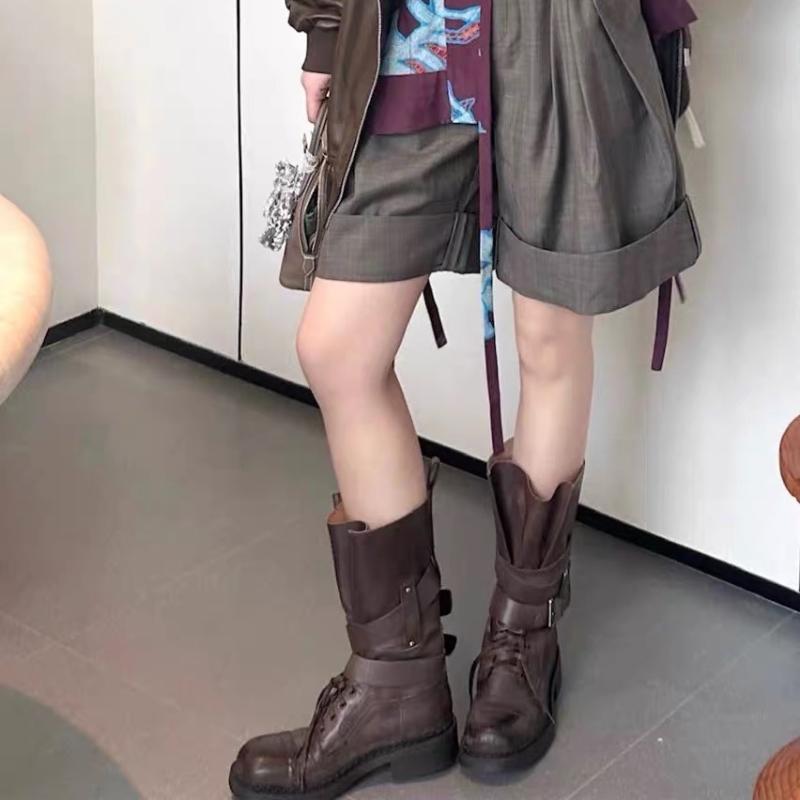Genuine leather Lace-up Mid-calf Boots Women Cross-belt Buckle Decoration Motorcycle Boots Chunky Heels Retro Ankle Boots