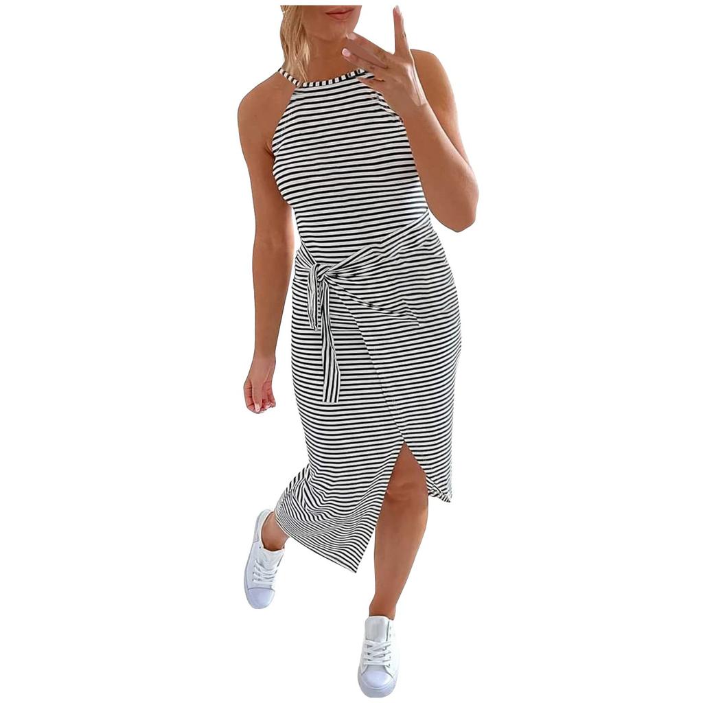 Women's Casual Sleeveless Striped Vest Medium Long Neck Draped Tight Dress