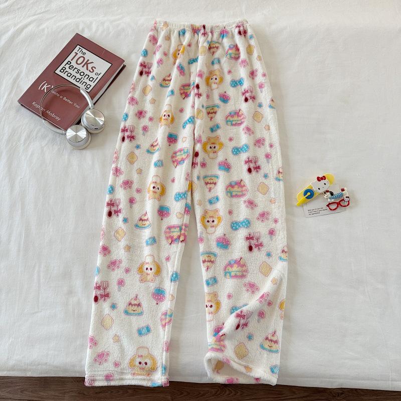 Hello Kitty Coral Fleece-Lined Flannel Pajama Pants for Women - Warm Autumn/Winter Style