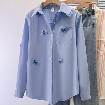 Blusa feminina de gola polo bordada com borboleta, design francês, manga comprida, camisa versátil, primavera/outono