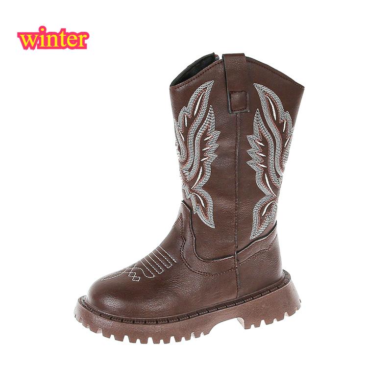 Children Leather Boots Classic Cowboy Embroidery Girls Long Booties Kids Winter Round Toe Soft Snow Shoes Fashion Snow Boots