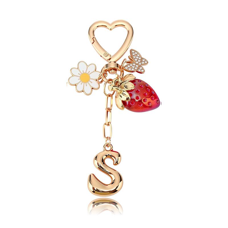 1Pc Bag Charm Modern Simplicity Strawberry Pendant Exquisite Alphabet Keychain Sweet Metal Keychain 26-letter Butterfly Pendant S