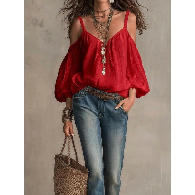 Camicia Casual da Donna a Maniche Lunghe a Bolla, Scollo a V, Colore Unito, per Vacanze