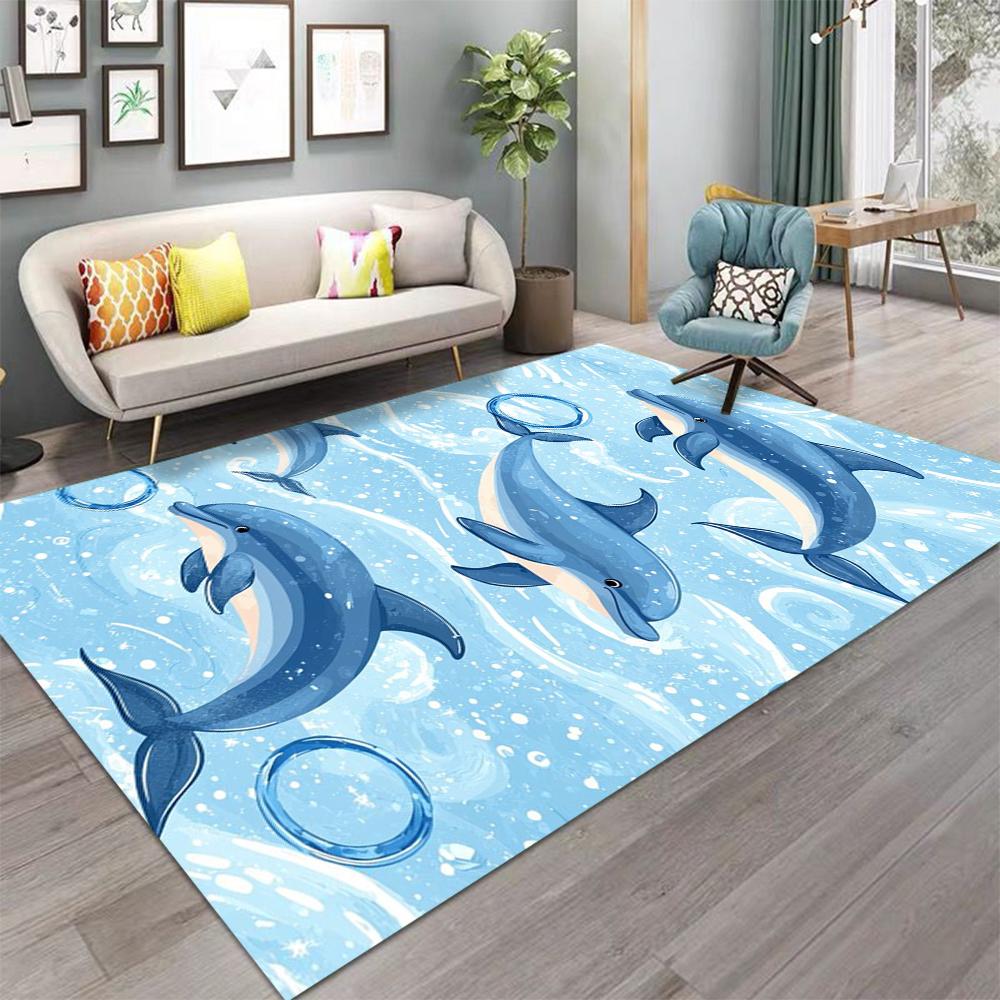 Cartoon Sea Shells Sea Stars Dolphins Carpet for Living Room Decor Sofa Rug Children's Play Mat Bedroom Bedside Rug Nursery Mat